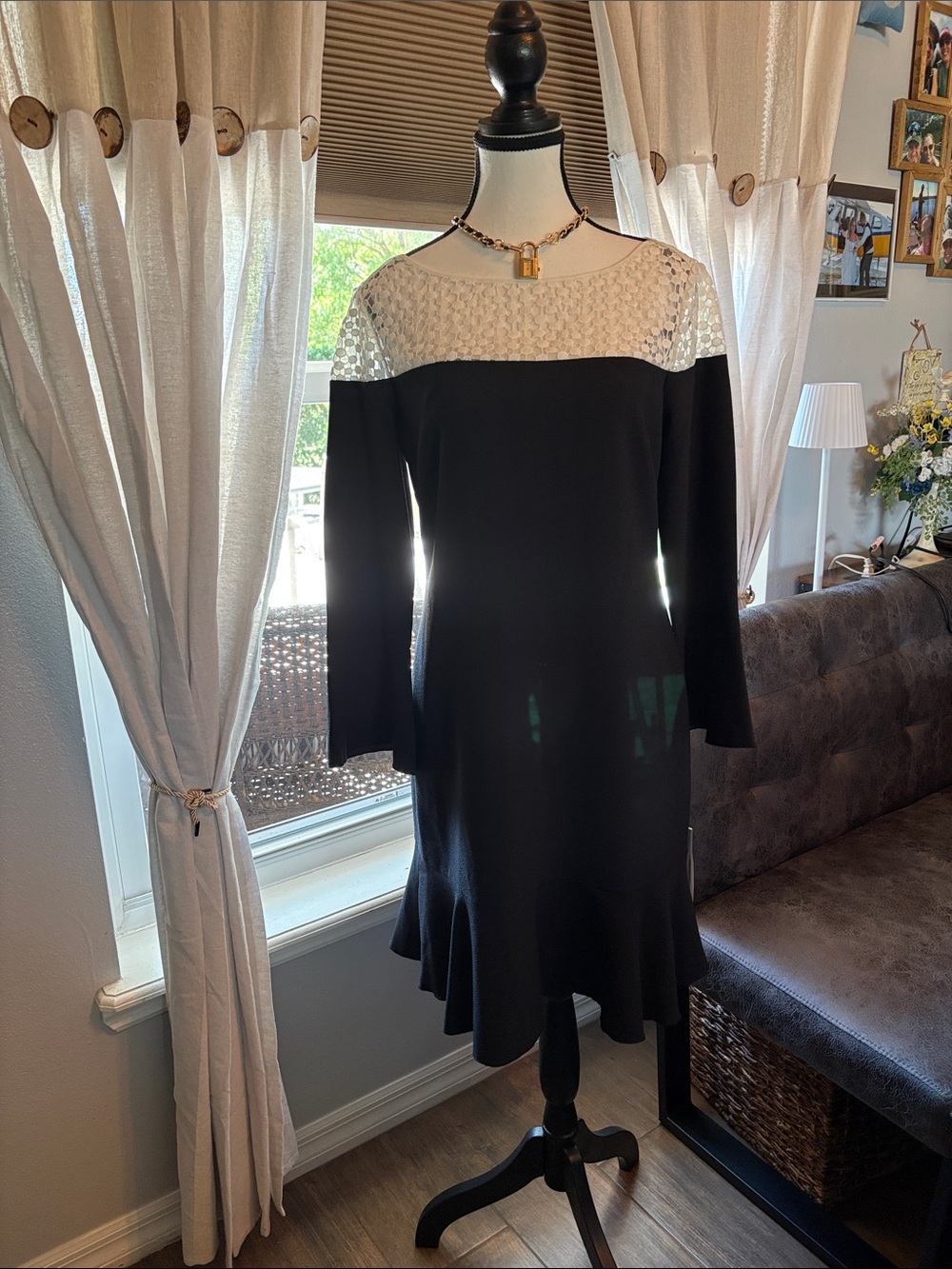 Karl Lagerfeld Black Dress with White Lace Yoke